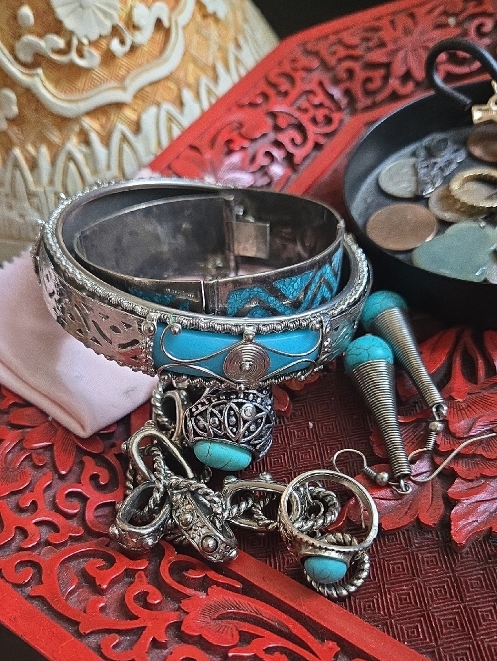 Bohemian Turquoise Silver Bangle Bracelet and Ring Set